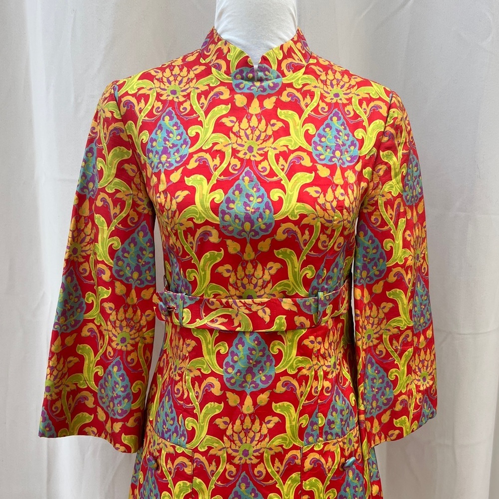 Vintage Dress 60s 70s silk Thai dress  style Japanese kimono Mini Dress Mod - Picture 2 of 16